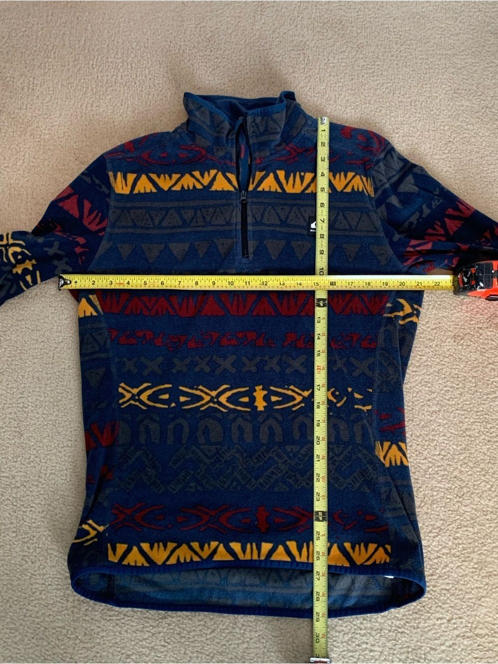 Quiksilver Men's Navy Zip-Up Sweater with Red & Yellow Geometric Stripes - Picture 5 of 8